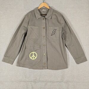 Ascot and Hart Womens XL Olive Green Cotton Utility Shirt Peace Lightning Bolt